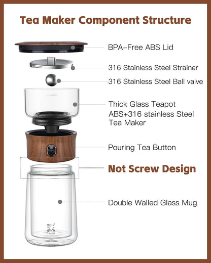 ZENS Modern Solo Tea Infuser Teapot, Smart One Touch Drip Tea Pot for Loose Tea Diffusers, Small Glass Gongfu Magical Teapot with 270ml Insulated Cup
