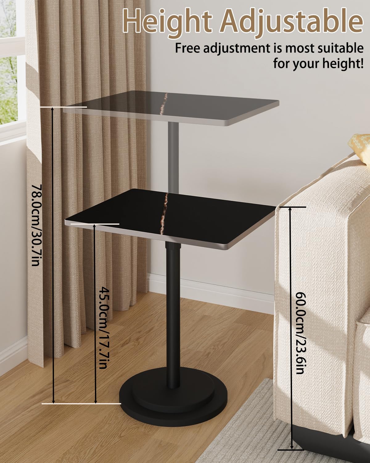 GUOHNHE Rectangle Side Table, Height Adjustable Stand, 1 Pack, Black
