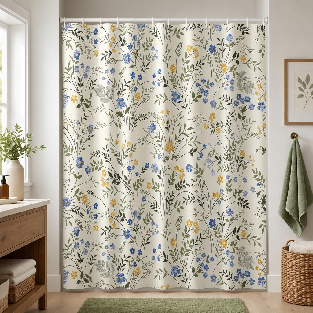 Hopomoon Country Wildflower Shower Curtain,Blue and Yellow Floral Green Leaf Plant Spring Summer Botanical Plant Pattern