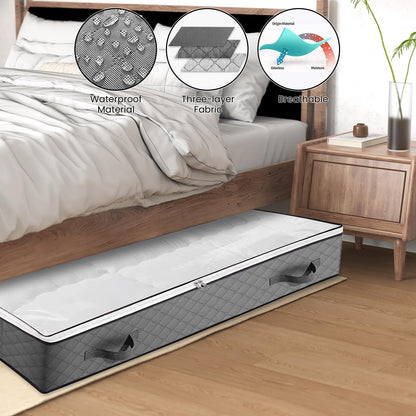 HUSAIHU 90L Underbed Storage Bags, 2 Pack Large Under Bed Box with lid, Foldable Clothes Bag 4 Reinforced Handle, PVC Window for Quilts, Blankets