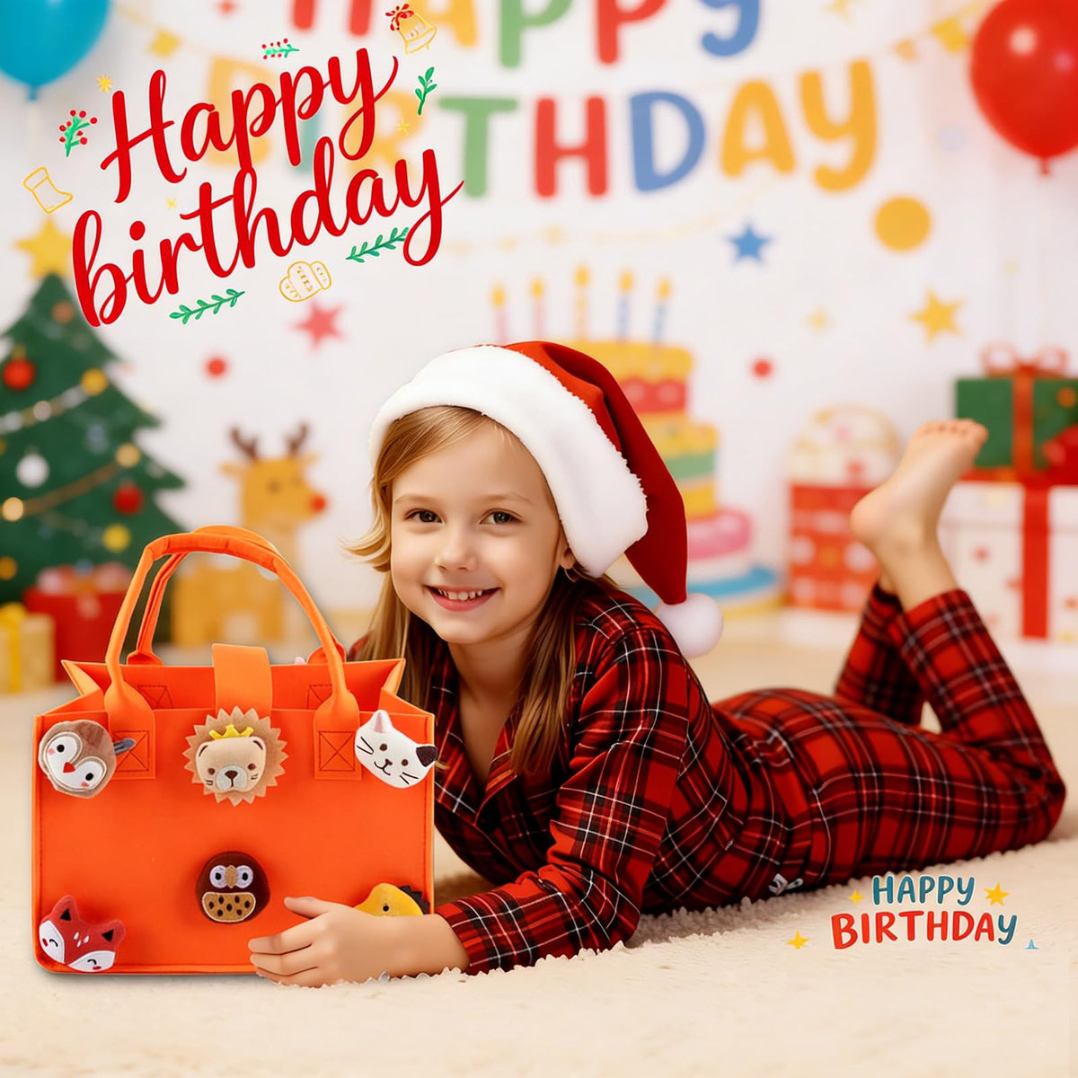 HUANYO Felt Storage Bag for Kids, 30x20x18 cm Colourful Toy Organiser with Handles, DIY Gift Bag for Holidays, Birthday, Christmas Presents orange