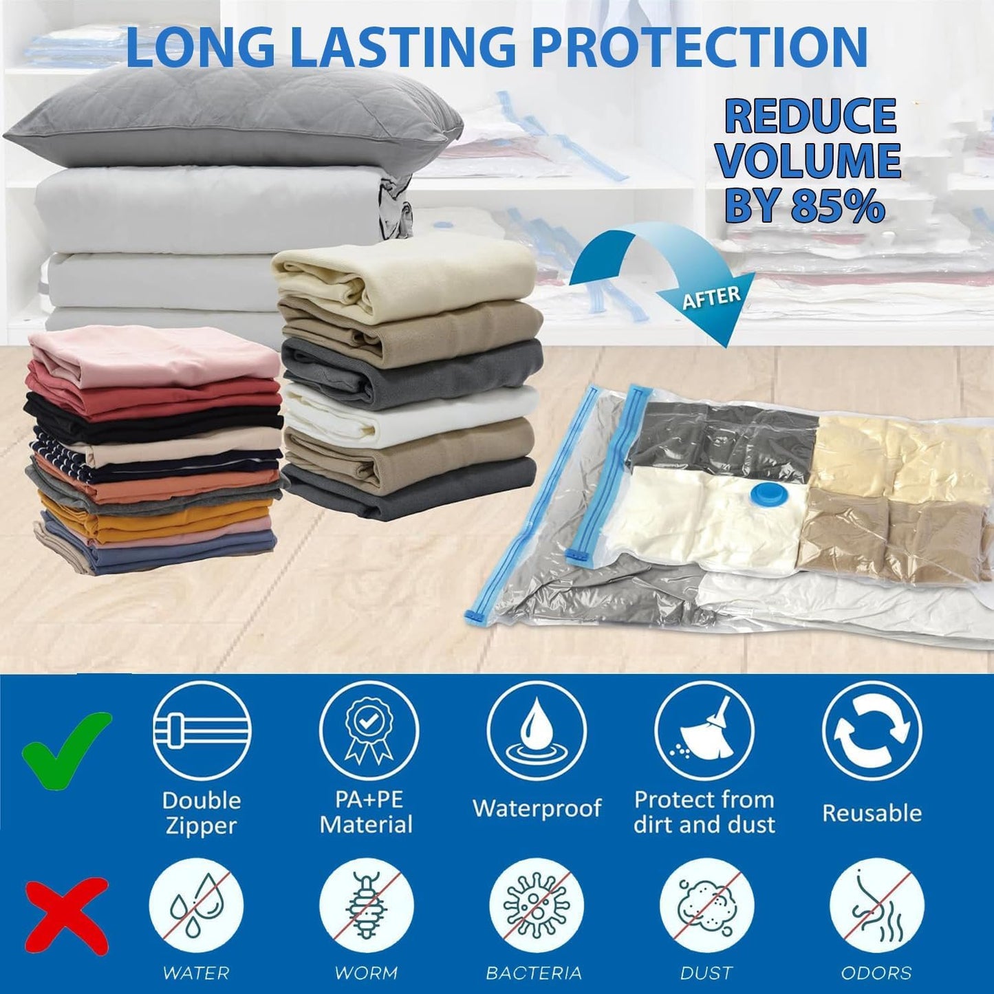 Vacuum Storage Bags Pack of 6 (2 Medium, 2 Large, 2 Jumbo) - Space-Saving Compression Bags with Airtight Seal - Reusable Zipper Bags for Clothes