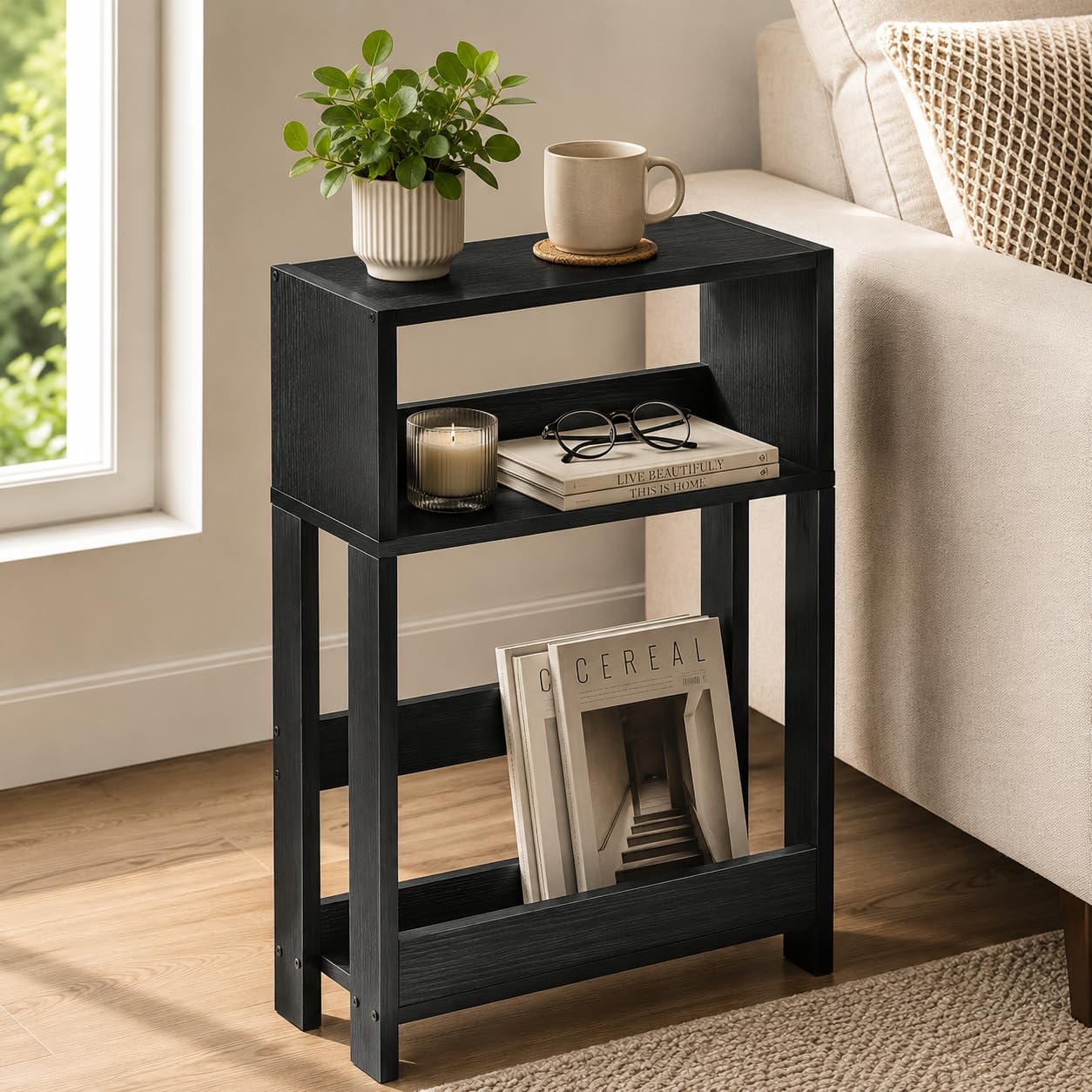 ZEXVIDA Narrow Side Table with Storage Shelf, 3-Tier Slim End Table & Nightstand for Bedroom, Living Room, Sofa Side Table for Small Spaces (Black)