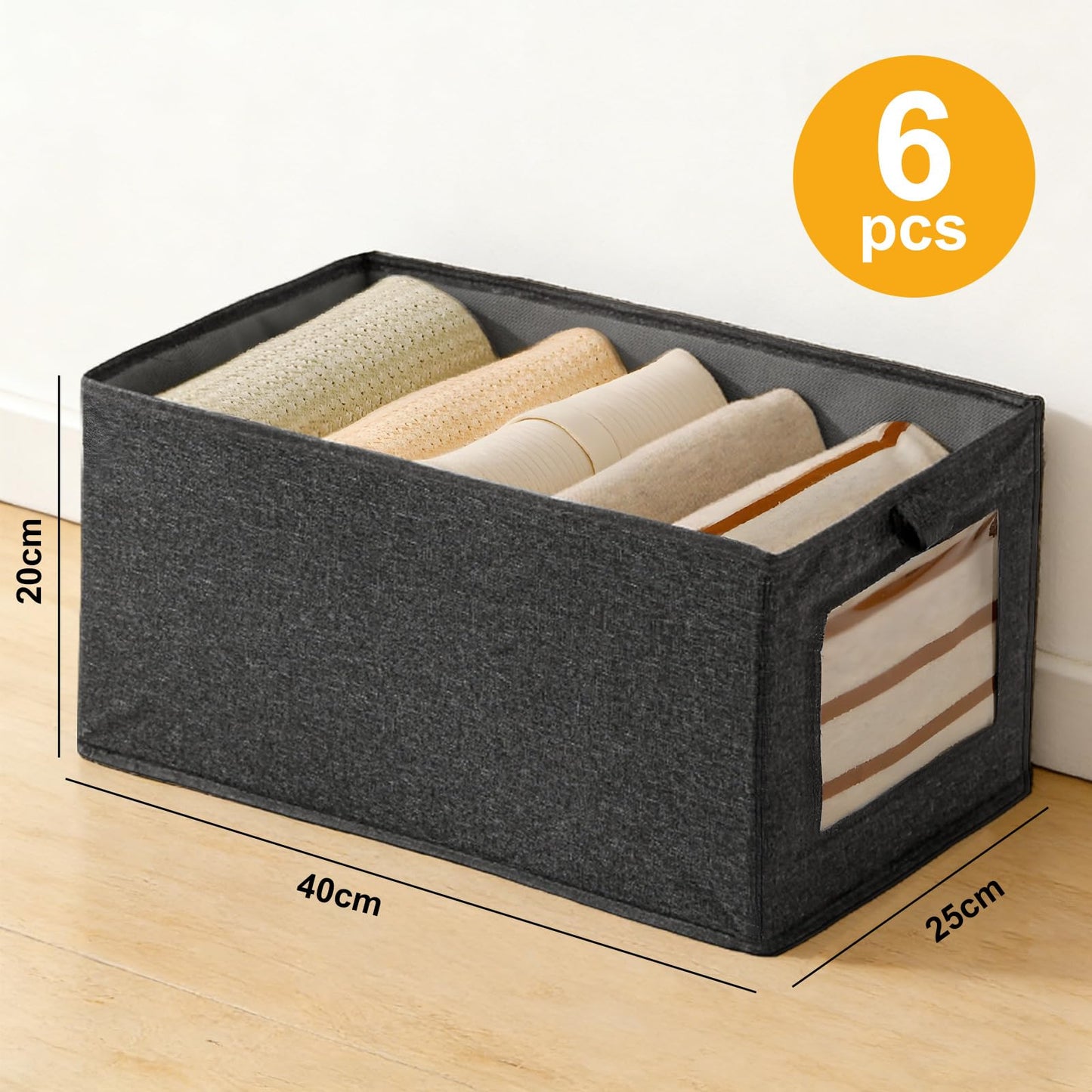 Wardrobe Storage Organiser Foldable - 6Pcs Drawer Organiser Clothes Fabric Storage Boxes Bin with Clear Window Shelf Stackable Clothing Storage Box