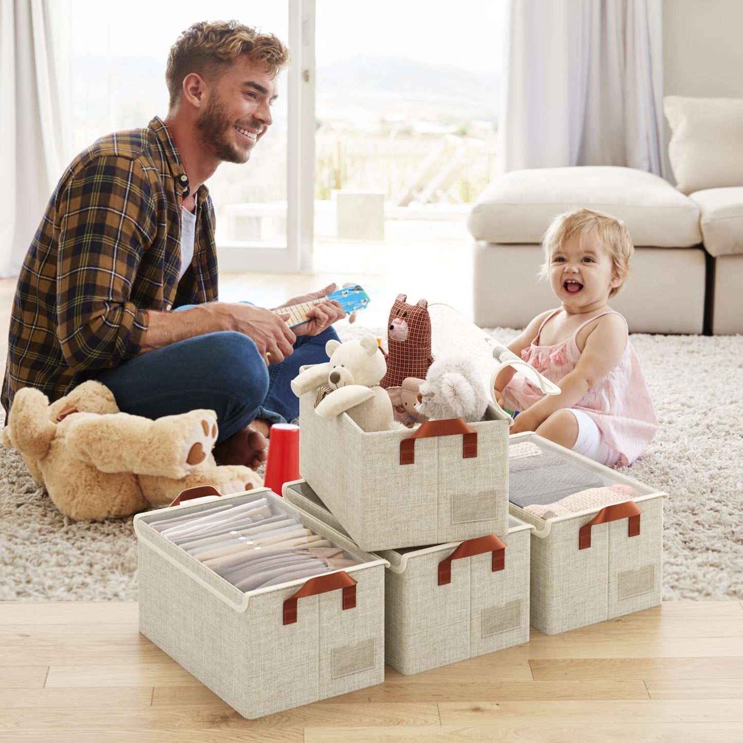 AARAINBOW Closet Clothes Storage Boxes 4 Pc, Fabric Stackable Shelf Organizer Bins, Foldable Closet Shelf Storage Container with Lid & Metal Frame