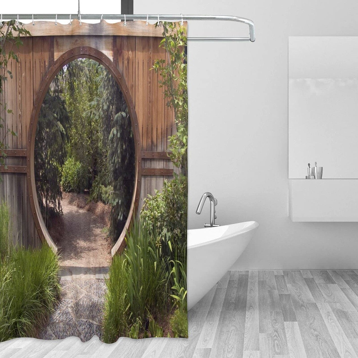 Japanese Decor Garden Shower Curtain Outdoor 3D Picture Shower Curtain for Garden Fence Waterproof & Mould Resistant Design Bath Curtain Sets with 12