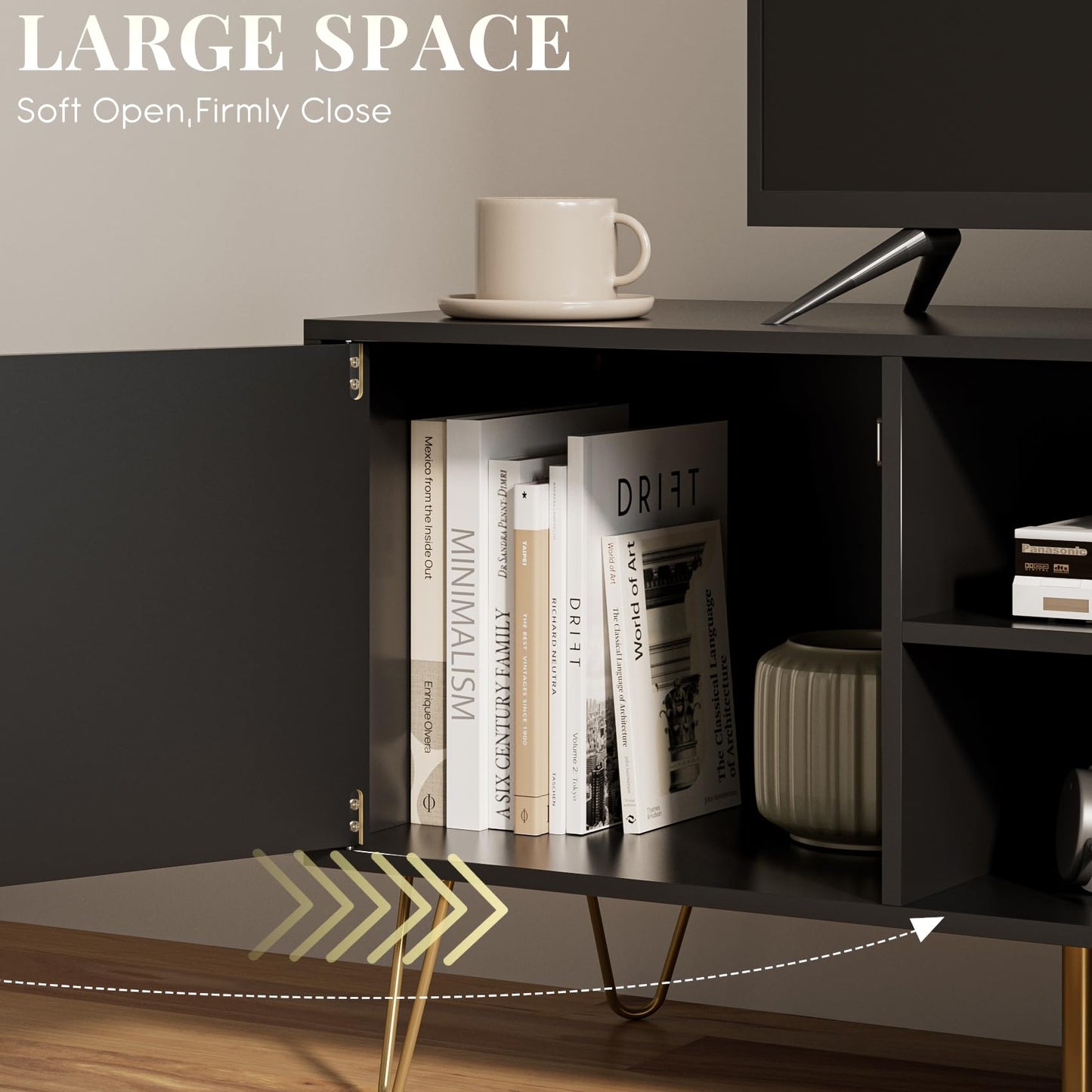HEYZOEY Black Fluted TV Stand, 2 Cabinets, Gold Legs, for TVs up to 65 in