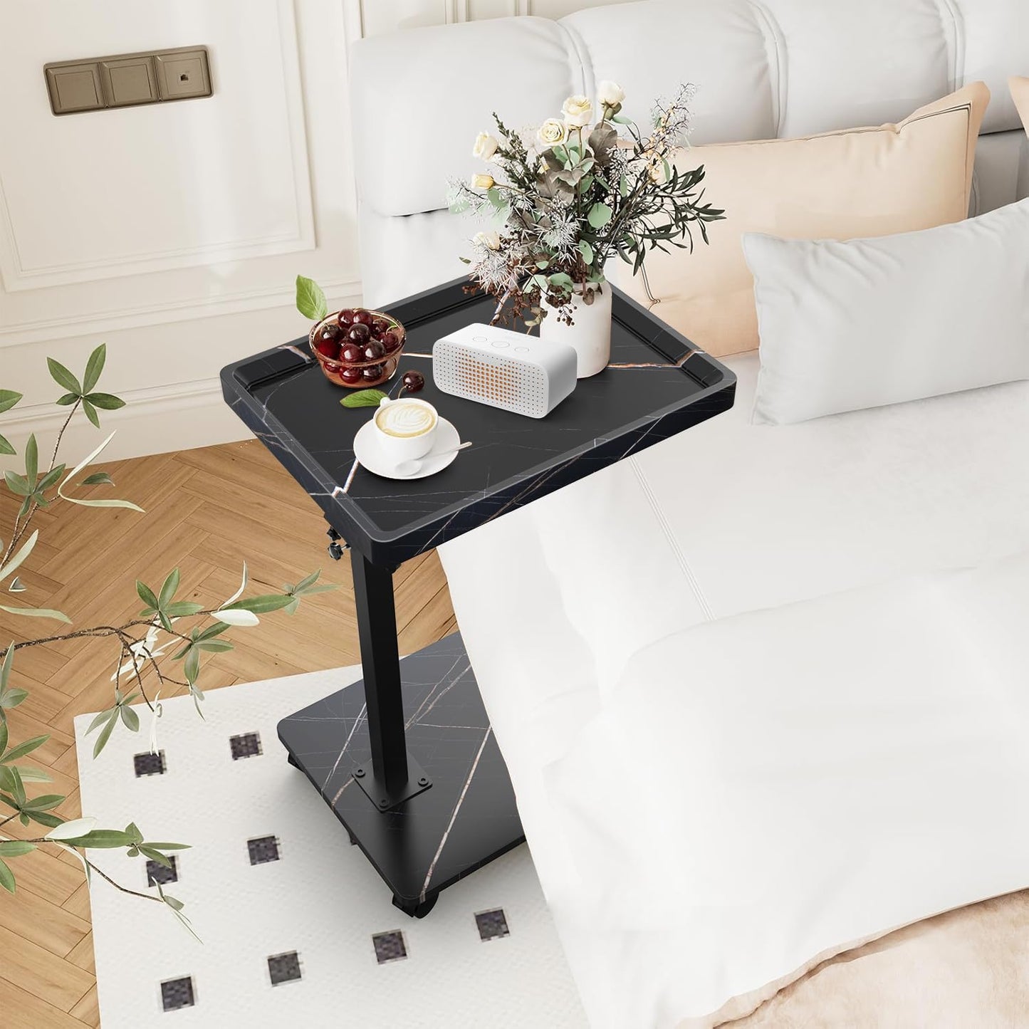 YYW Adjustable C Shaped Side Table with Wheels, 360° Swivel Sofa Table