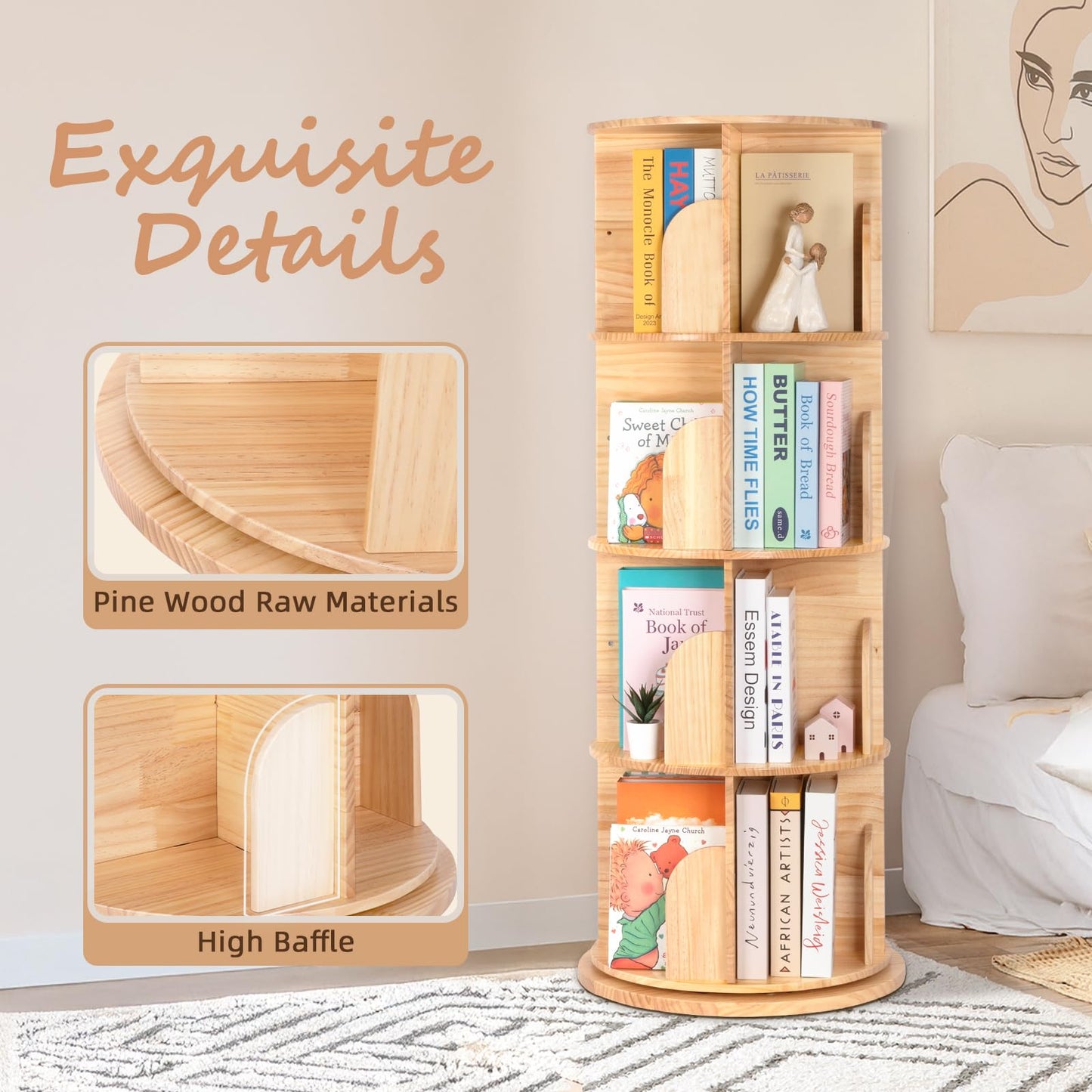 OOOK Wooden Rotating Bookshelf, 4-Tier 360° Spinning Solid Wood Revolving Bookcase, Space-Saving Floor Standing Spinning Bookshelf for Study Room
