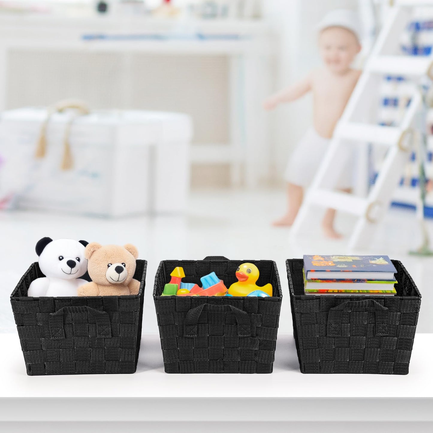 EHC Storage Baskets set of 3, Storage baskets for shelves, Storage Boxes Storage Organiser Hamper Basket, Black