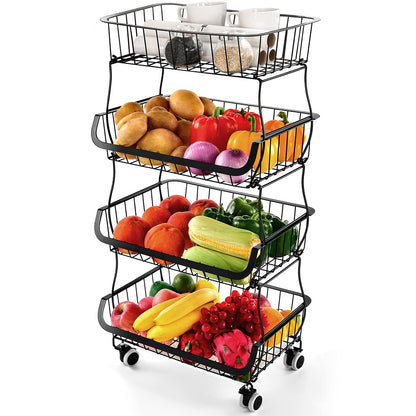 Fruit Vegetable Storage Basket Rack, 4 Tier Stackable Metal Wire Storage Baskets on Wheels, Fruit Vegetable Produce Basket Organizer Bins for Kitchen,