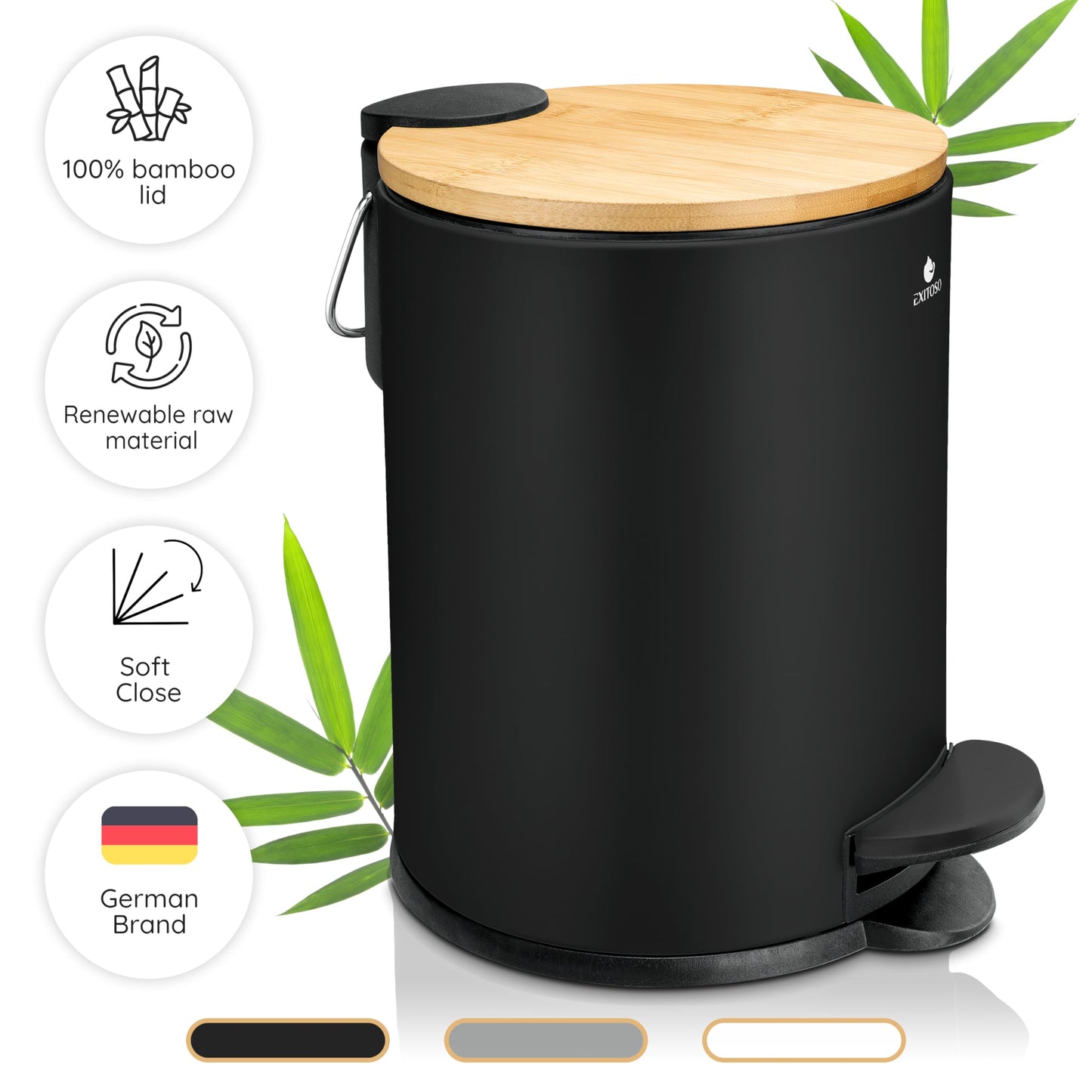 Exitoso 3L Small Bathroom Bin with Lid - Slim Bedroom Bin with Lid - Small Pedal Bin - Small Bin for Bedroom Black Bathroom Bin