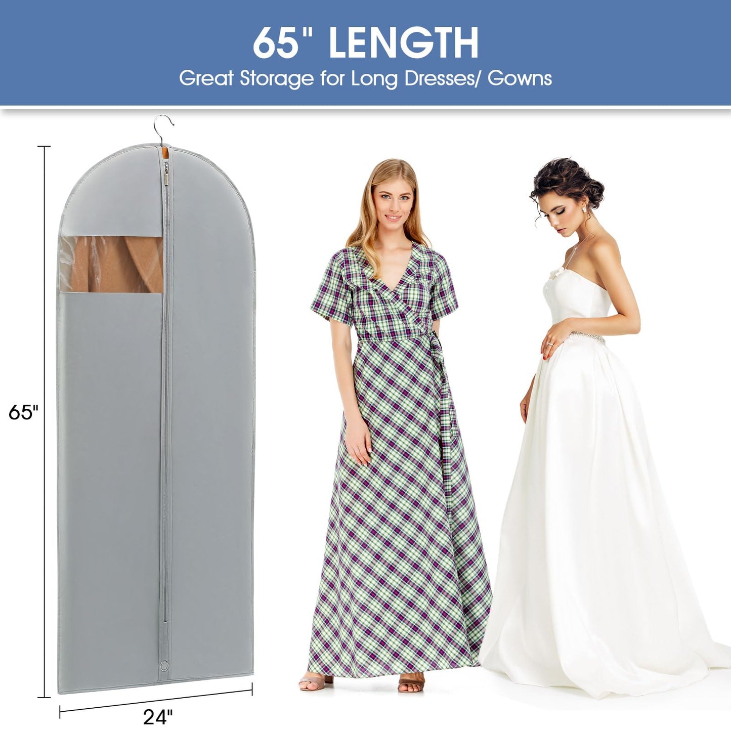 Perber Dress Bags for Gowns, 65'' Long Garment Bags for Hanging Clothes, Dress Garment Bag, Grey Dress Cover with Clear Window for Dresses, Coats