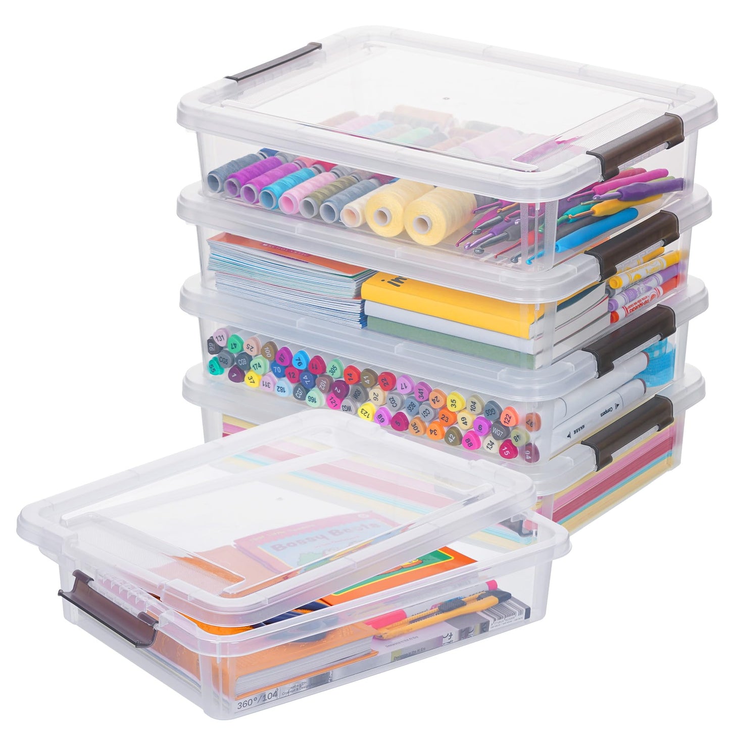 Citylife 5Pack Craft Storage Boxes, 4.5L A4 Plastic Storage boxes with Lids, Handles, Transparent Stackable Craft Organiser for Document, Book