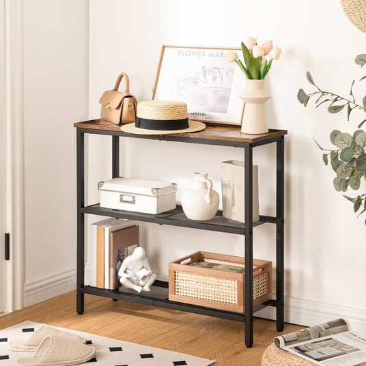 HOOBRO Console Table for Hallway Slim, Narrow Console Table, Hallway Table with 3 Shelves, Slim Sofa Table for Small Spaces, Living Room, Metal Mesh