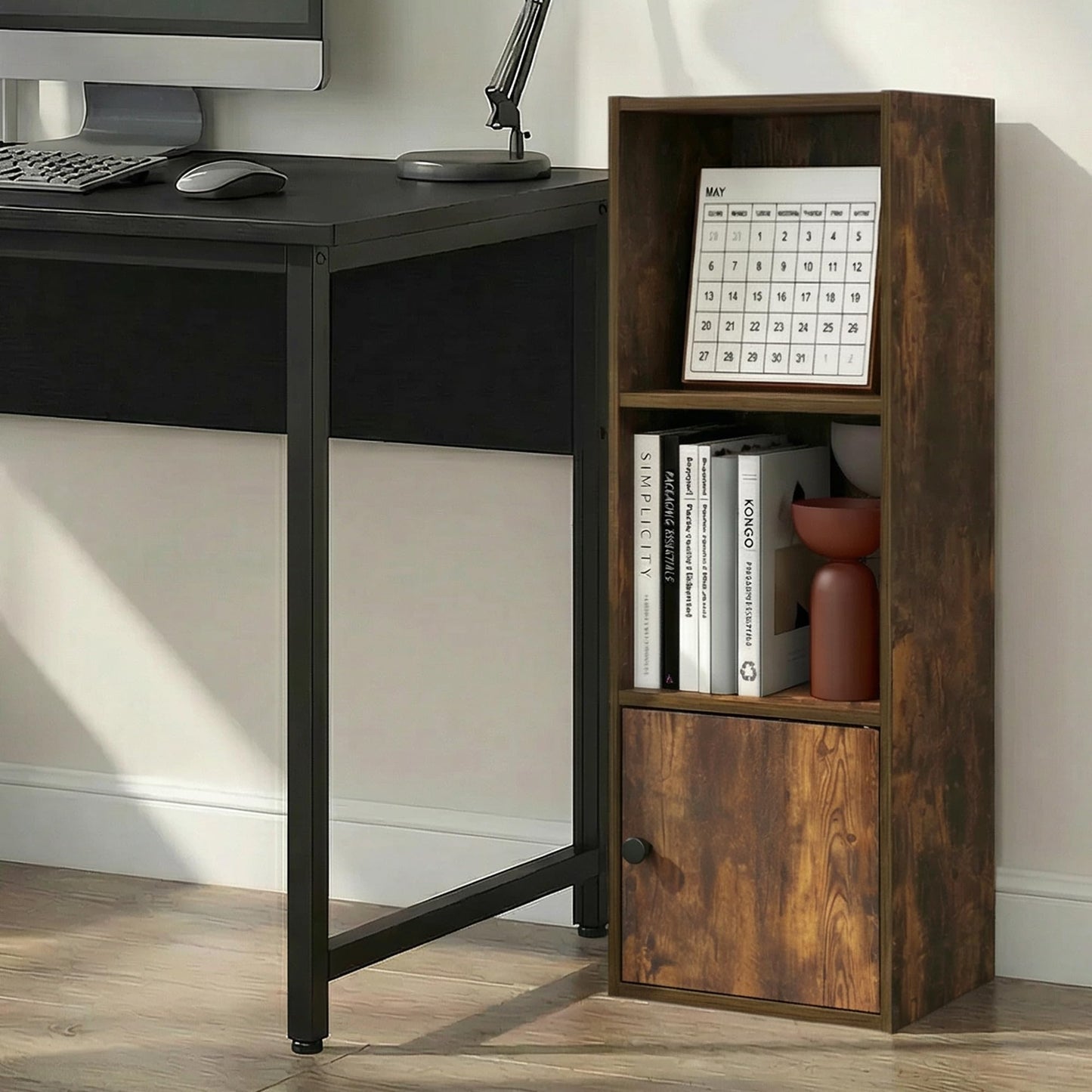 Furinno LUDER 3-Tier Bookshelf with Open Shelf, Standing Bookcase with 1 Door Cabinet, 23.6 x 30.5 x 80.0 cm, for Organization and Storage
