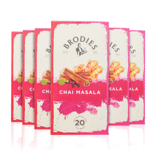 Brodies Chai Masala Tea Tag and Envelope - 6 Tea Boxes of 20 Tea Bags each (120 Tea Bags) - Classic Indian Black Tea blended with Spices for a rich