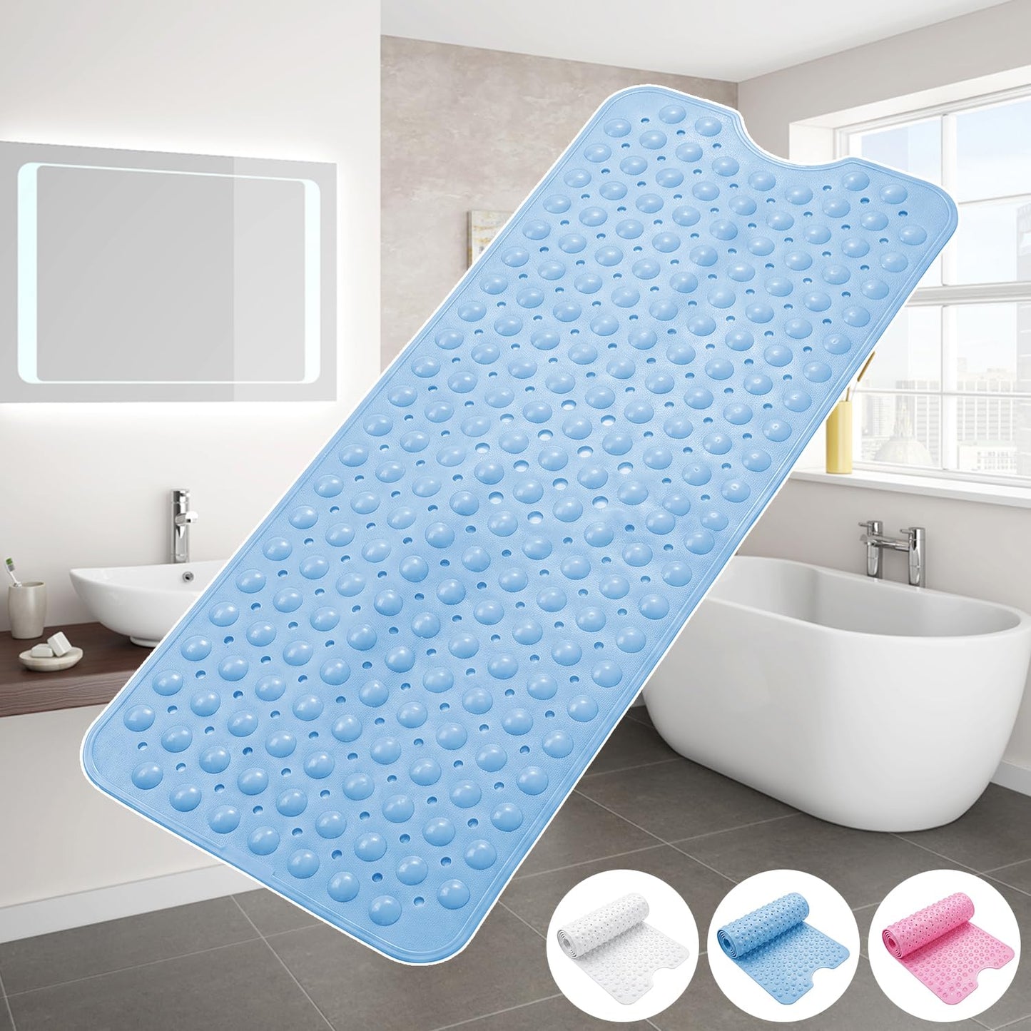 Myouhuo Non Slip Bath Mat for Tub, 100 x 40cm Extra Long Shower Mat Anti Mould, Machine Washable Bathroom Bathtub Mat with Suction Cups and Drain
