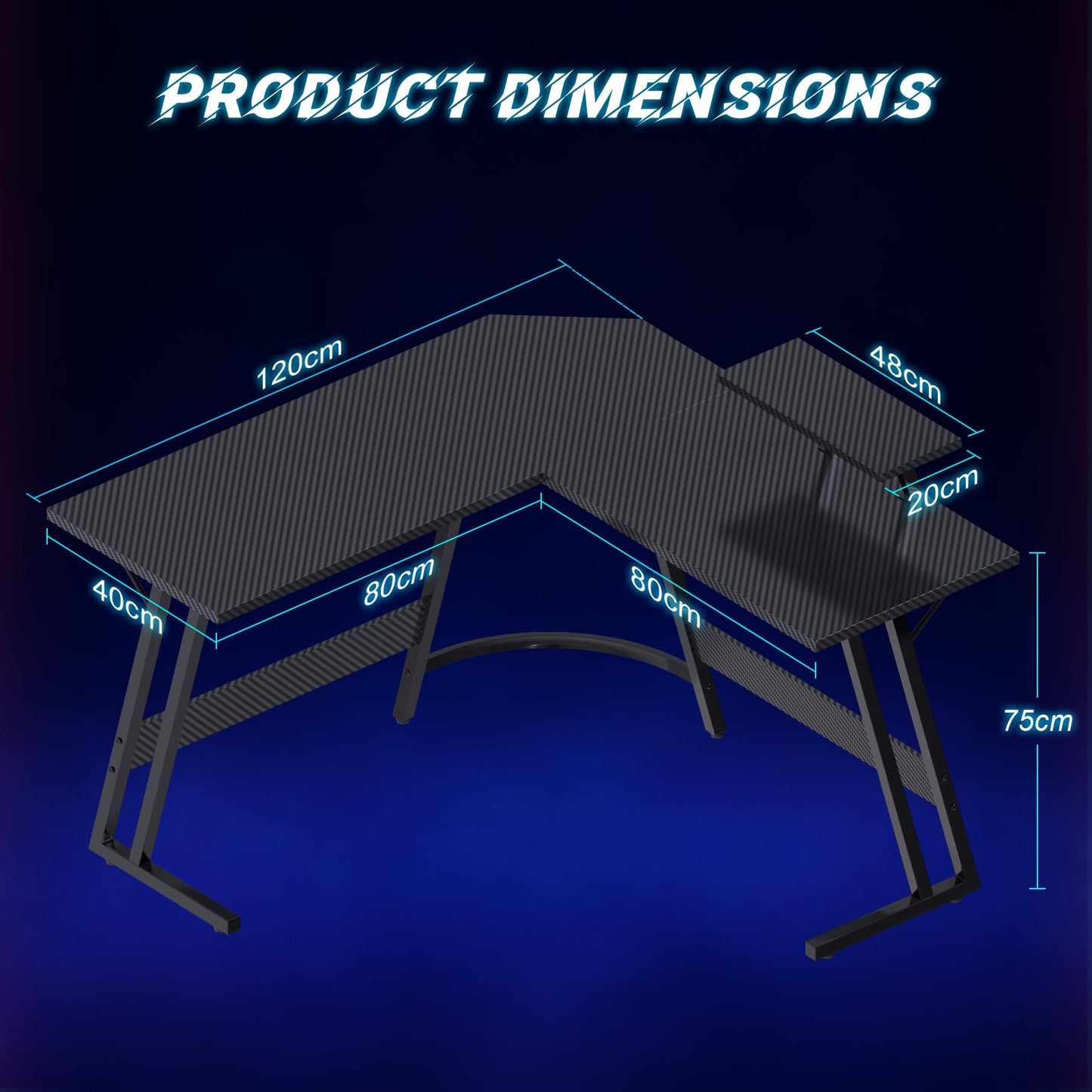JUMMICO L Shaped Gaming Desk with Large Monitor Stand,120x120x75cm Corner Desk for Home Office Study Writing Workstation, Carbon Fibre Black