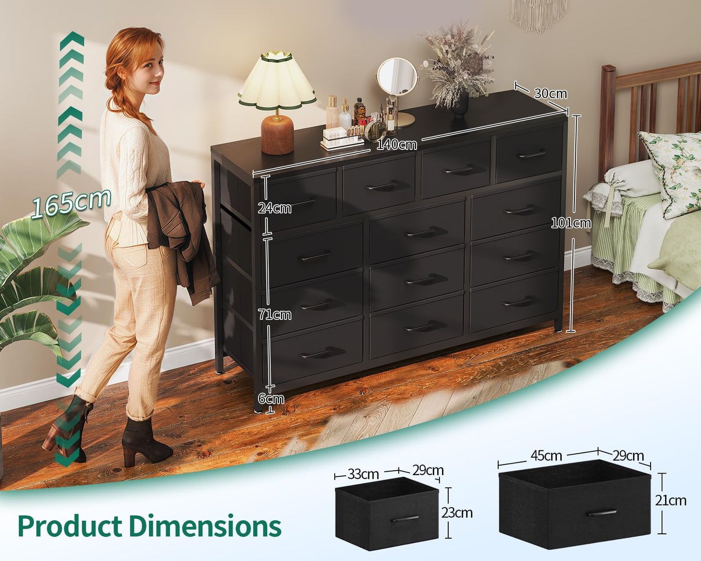 Coleshome Large Chest of Drawers Bedroom, 13 Large Fabric Drawers, Black