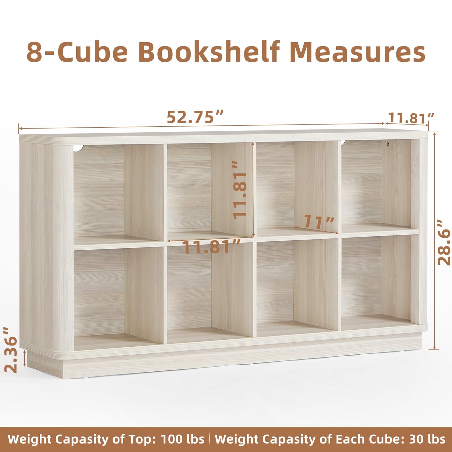 LELELINKY 8 Cube Storage Bookcase, 53" Wide Wooden Book Shelf with Thickened Base, Freestanding 2-Tier Open Book Case Unit with Curved Edge