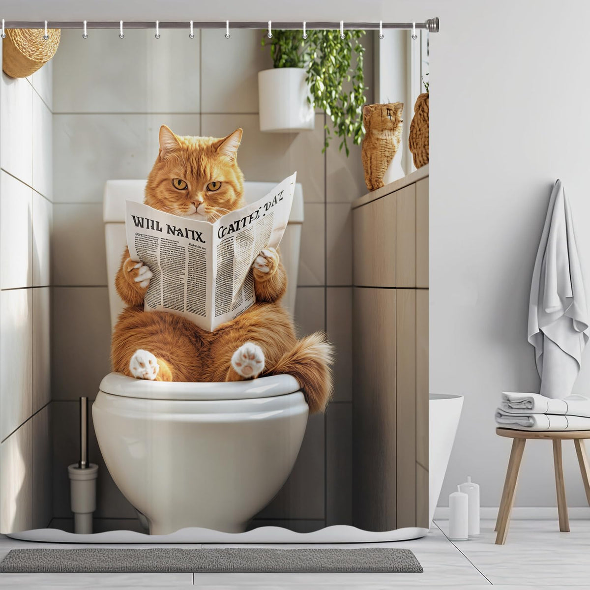 ASDCXZ Funny Cat Shower Curtain 180x200 cm, Cute Kitten Reading Newspaper Kids Bathroom Animal Hilarious Waterproof Bath Curtain Polyester Textile