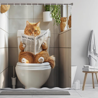 ASDCXZ Funny Cat Shower Curtain 180x200 cm, Cute Kitten Reading Newspaper Kids Bathroom Animal Hilarious Waterproof Bath Curtain Polyester Textile