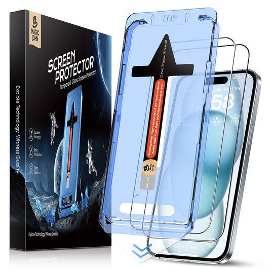 MAGIC JOHN 2 Pack for iPhone 15 Tempered Glass Screen Protector 6.1 inch, Auto Dust-Elimination Installation, Bubble Free, Dynamic Island Compatible,