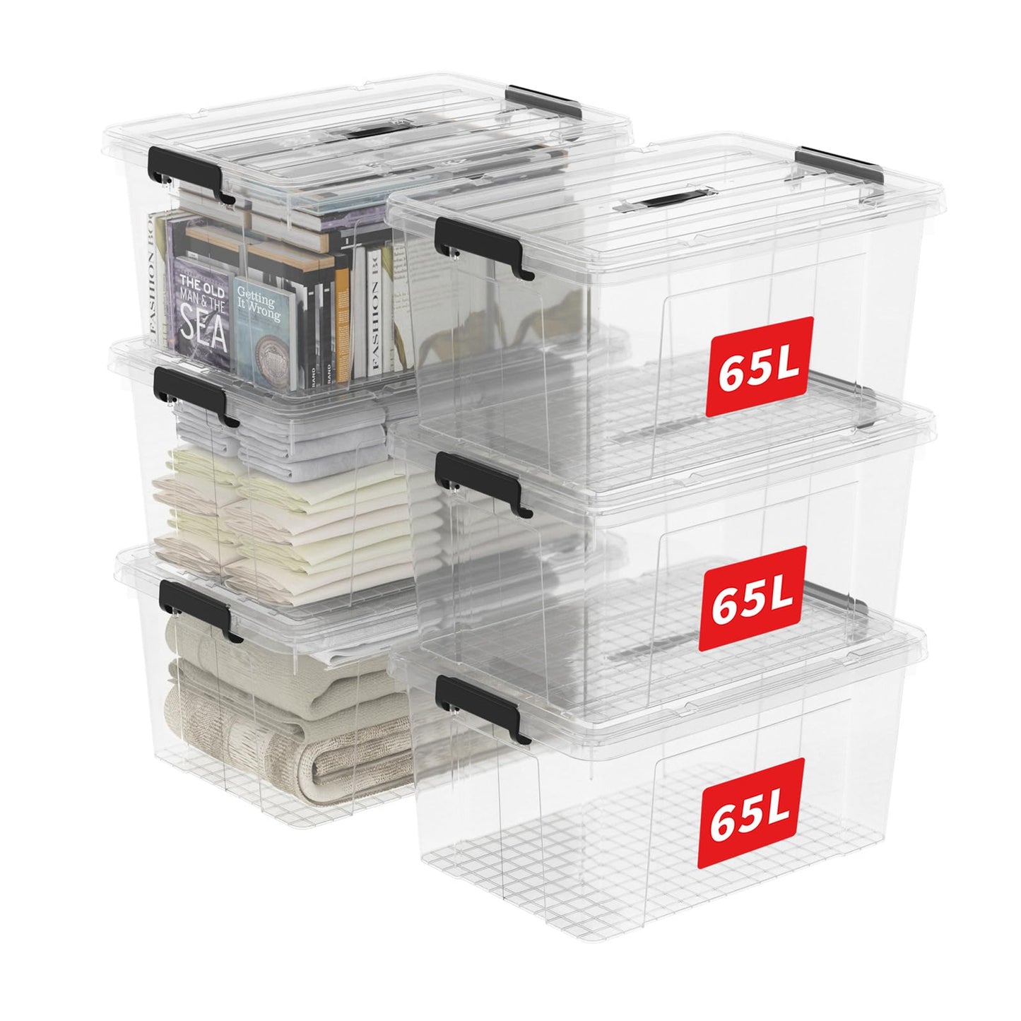 Cetomo 65L*6 Storage Boxes, Carry Plastic Storage Box with Lids, Clear Organizing Container with Handle and Secure Latches
