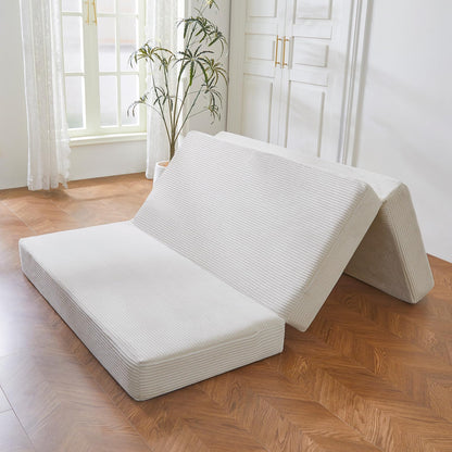 MAXYOYO Folding Corduroy Mattress, Tri Fold Floor Mattress 10cm thick with Washable Cover,Foldable in Three,Space-Saving for Guest Beige, Single