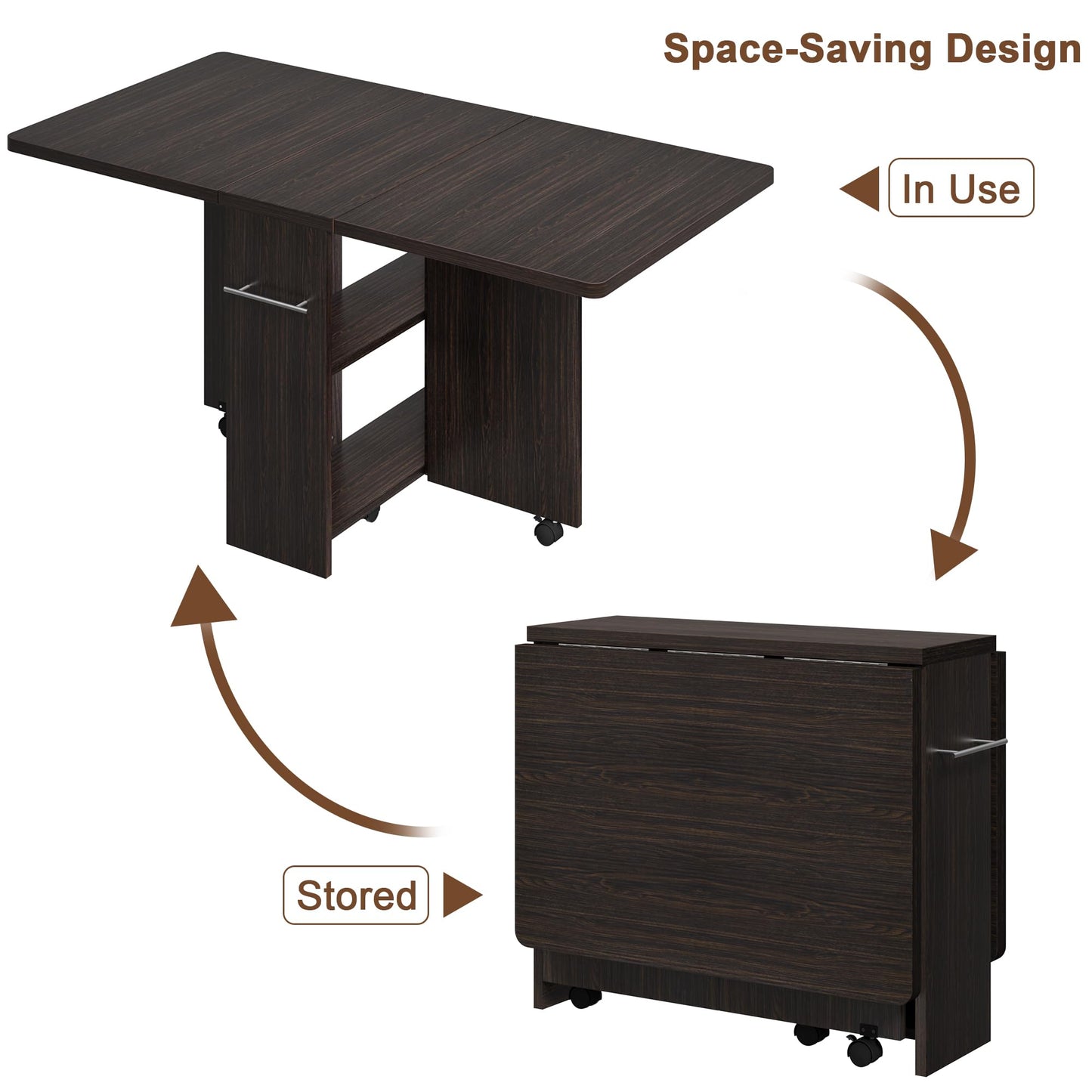 Folding Dining Table with 2 Tier Storage & 6 Wheels, Extendable Drop Leaf, Wood Kitchen Dining Room Tables Set for 4