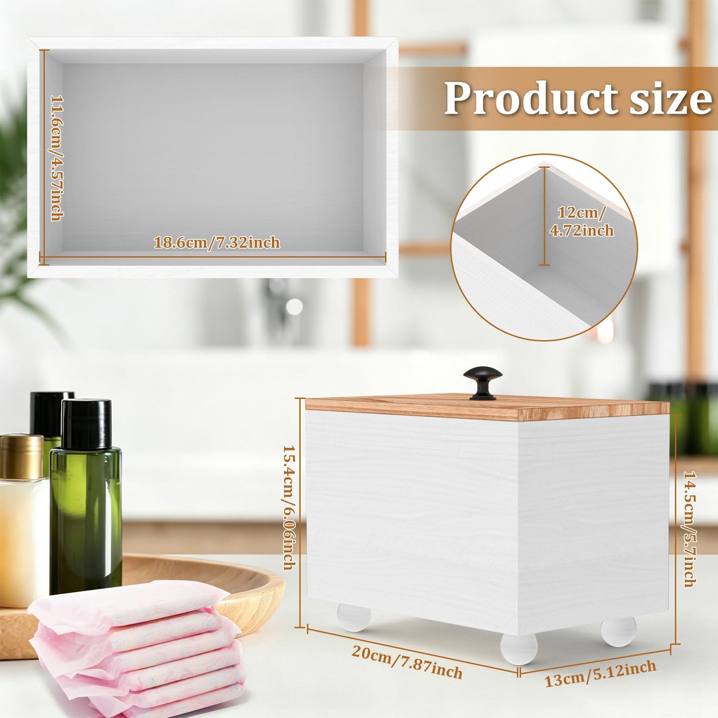 RHAIQBVC Tampon Holder for Bathroom, Versatile Tampon Storage Box with Lid &Top Handle ,Wood Feminine Product Organizer Pad Organizer Case with 4