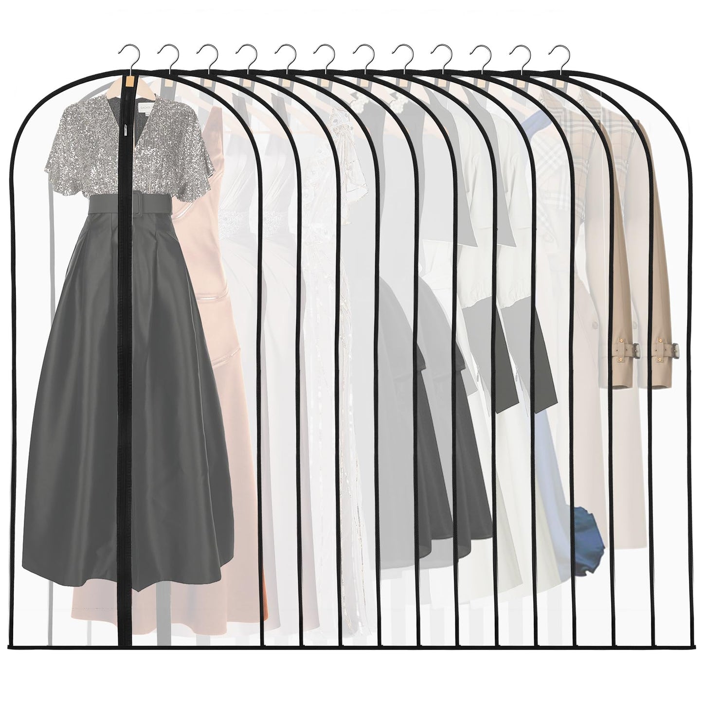 12 Pack Dress Bags Covers Long, 55in PEVA Garment Bags Suit Bags,Black Edge