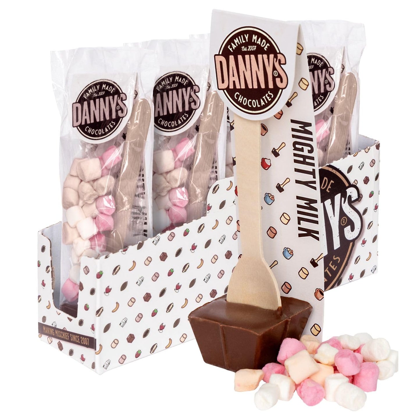 Danny's Premium Hot Chocolate Spoons with Marshmellows | 4 x Large 50g | Mighty Milk & Mallows Hot Chocolate Stirrer | Stocking Fillers | Christmas