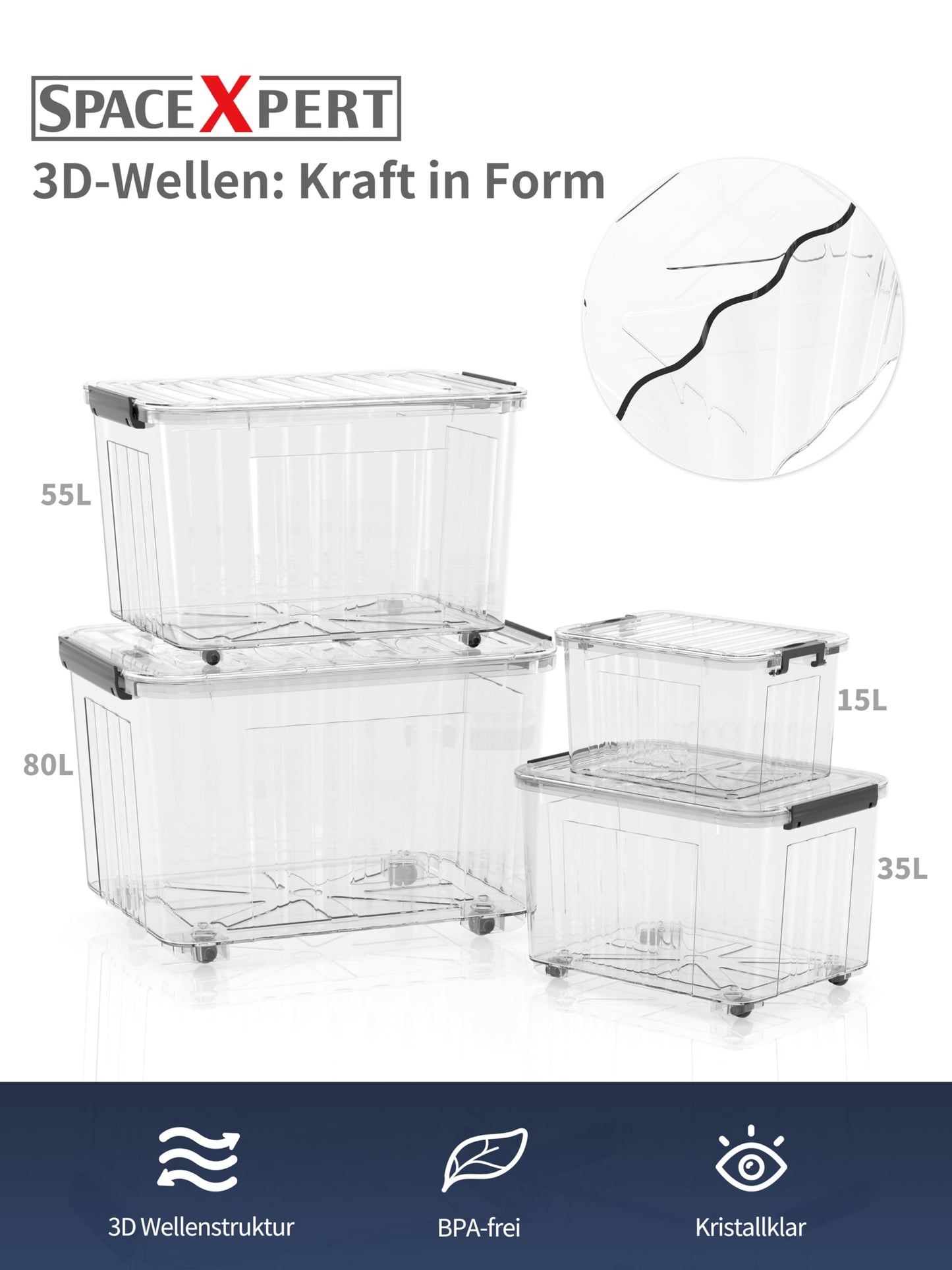 SpaceXpert Plastic Storage Boxes with Lid, Striped Storage Box 15L, Stackable Container for Home Office Accessories, Clear Bins, Polypropylene