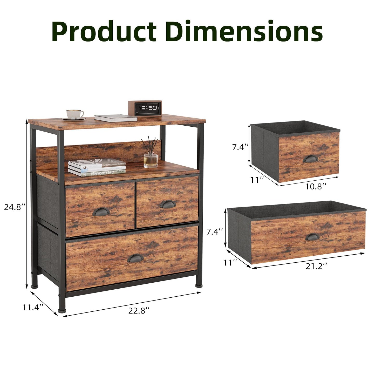 CAIYUN Bedside Table Cabinet with 3 Drawers for Bedroom, End Table Sofa Sid with Storage for Living Room, Nightstand with Metal Frame and Open Shelf