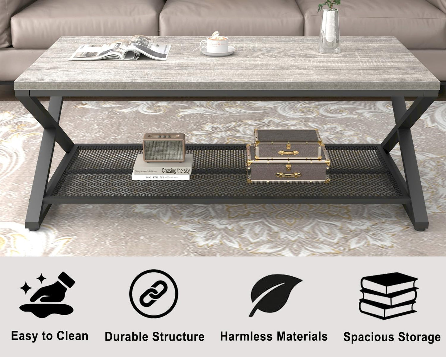 LVB Coffee Table for Living Room Coffee Tables With Storage 120cm Grey