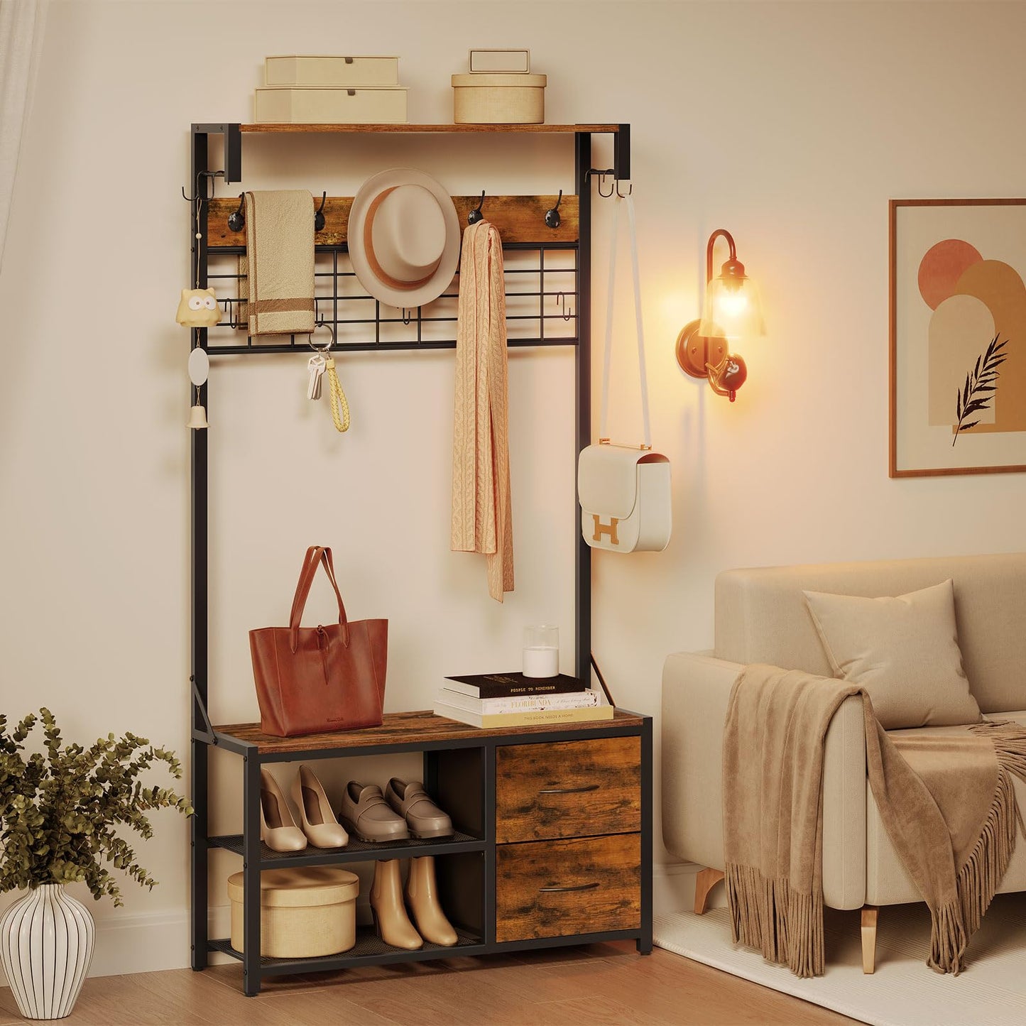HOOBRO Coat Rack with Shoe Storage Bench, Coat Stand with Hooks and 2 Drawers, 4-in-1 Design, Coat and Shoe Rack, for Hallway, Entryway, Living Room