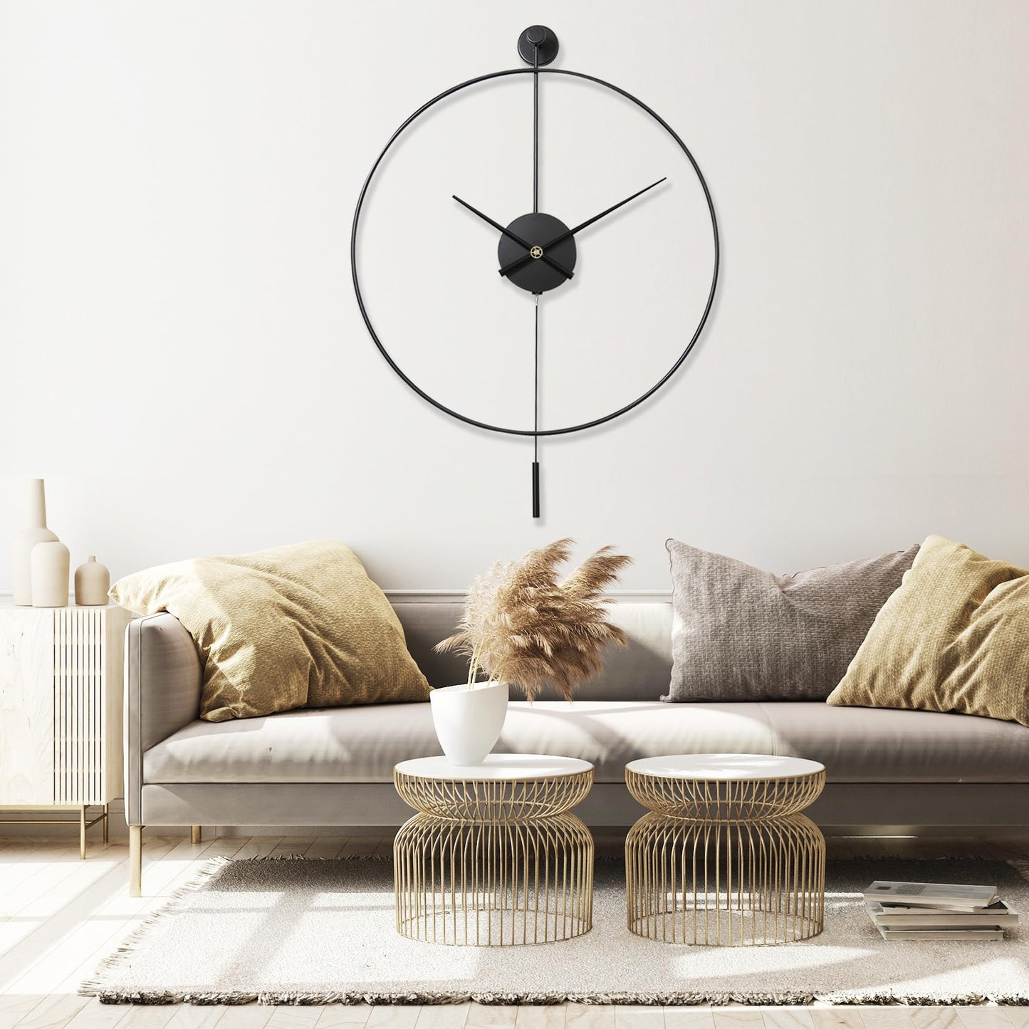 Classical Large Decorative Wall Clock with Pendulum, Modern Non-Ticking Silent Metal Wall Clocks for Living Room, Bedroom, Study, Office,