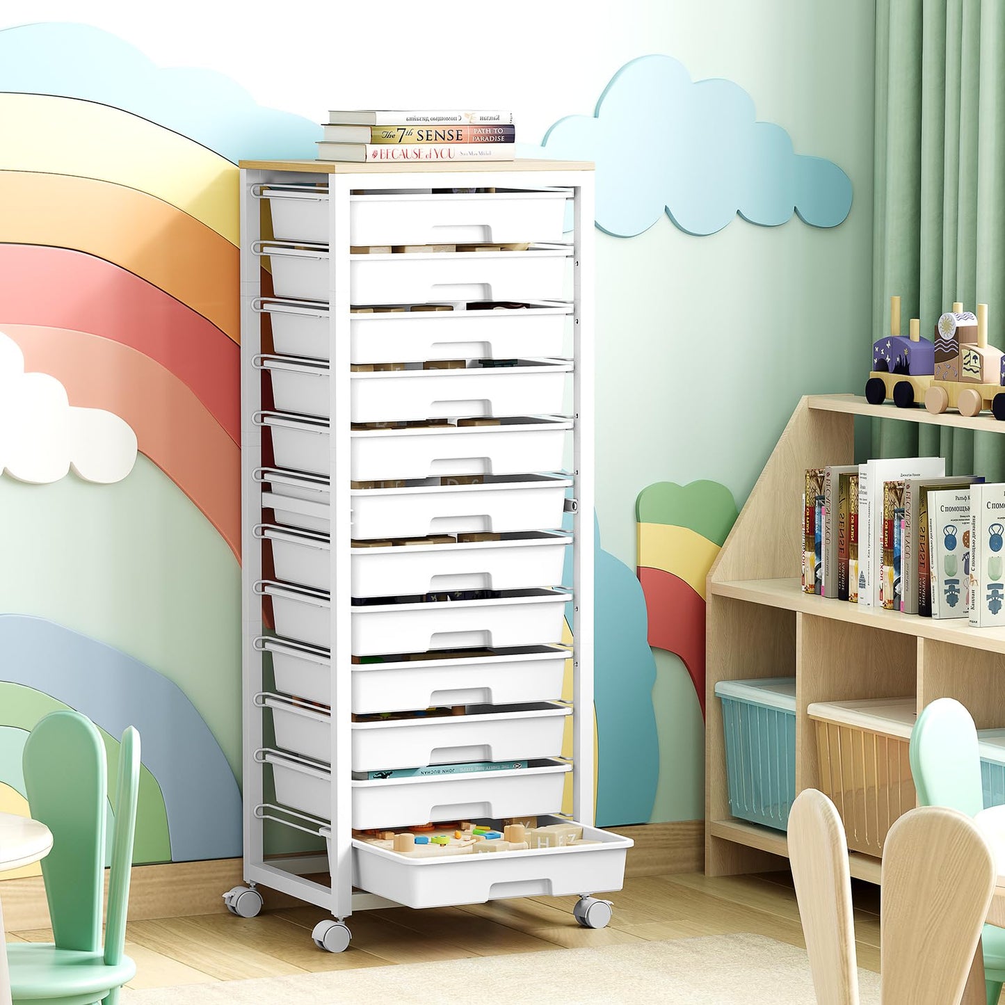 SYKIARIOL 12-Drawer Storage Trolley Rolling Cart with Wooden Top, White
