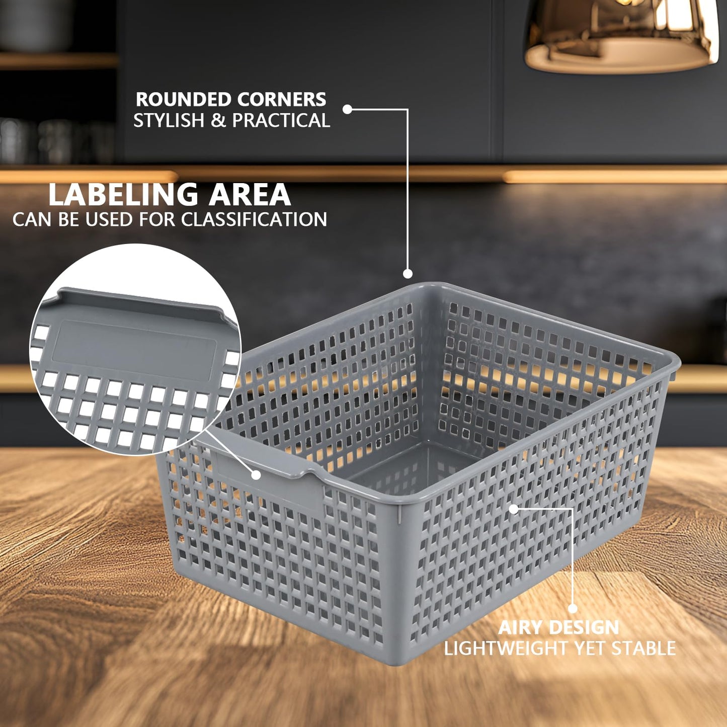 Minekkyes Set of 6 Plastic Cupboard Basket, Large Rectangle Storage Baskets for Home Office Bathroom Shelves(Gray)