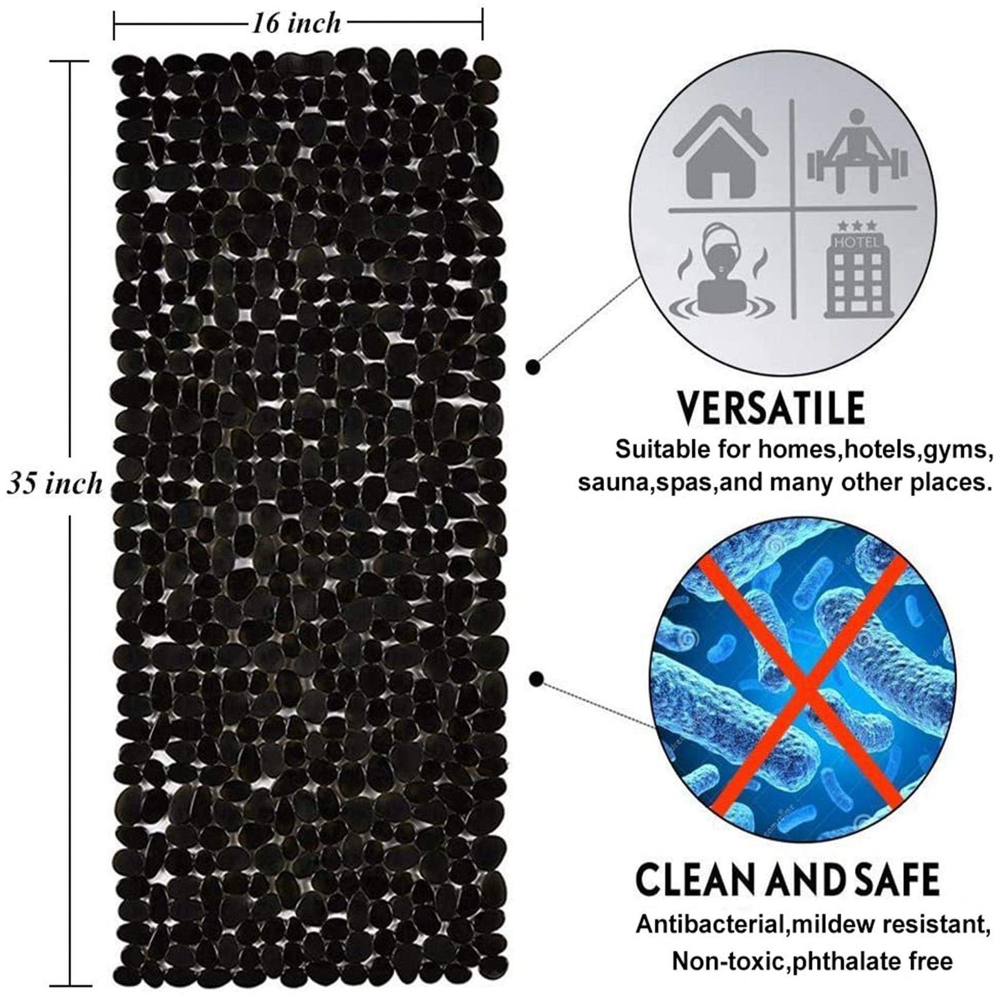 Marsheepy Non-Slip Pebble Bath Mat,Extra Long Anti Slip Bathtub Shower Mat with Suction Cups and Drain Holes for Bathroom,Machine Washable,40 x 88