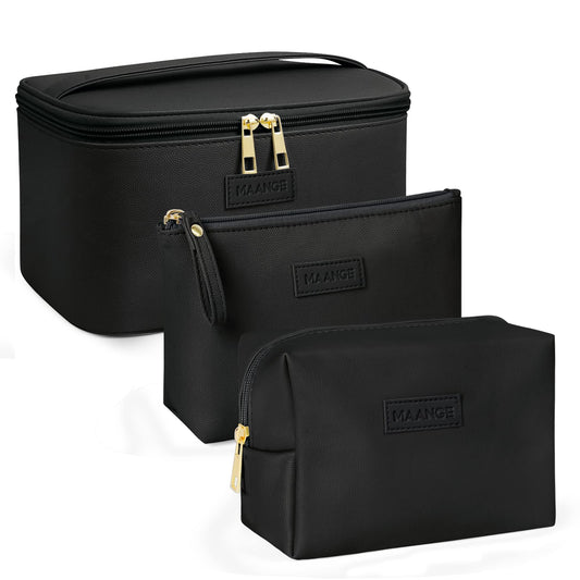 MAANGE 3 Pcs Makeup Bag(L+M+S) Travel Cosmetic Bags with Brush Compartment PU Leather Small Makeup Bag Portable Make Up Bag Versatile Zipper Makeup