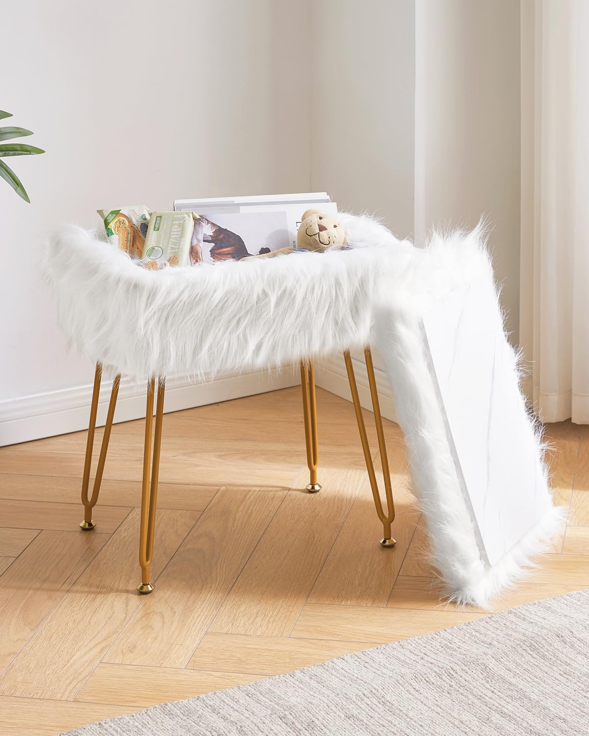 IBUYKE Rectangular Faux Fur Vanity Stool with Storage, White WBD022W