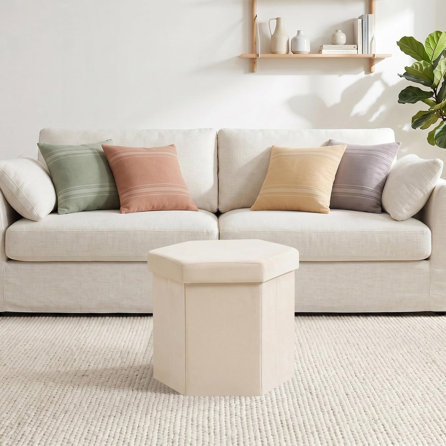 PINPLUS Hexagonal Storage Ottoman, Velvet Foldable Footstool, Cream White
