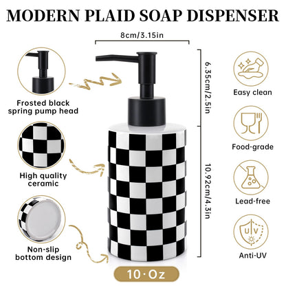 Soap Dispenser with Matte Black Pump, Ceramic Soap Dispenser Bathroom, Checkerboard Dish Soap Lotion Dispenser for Kitchen Sink