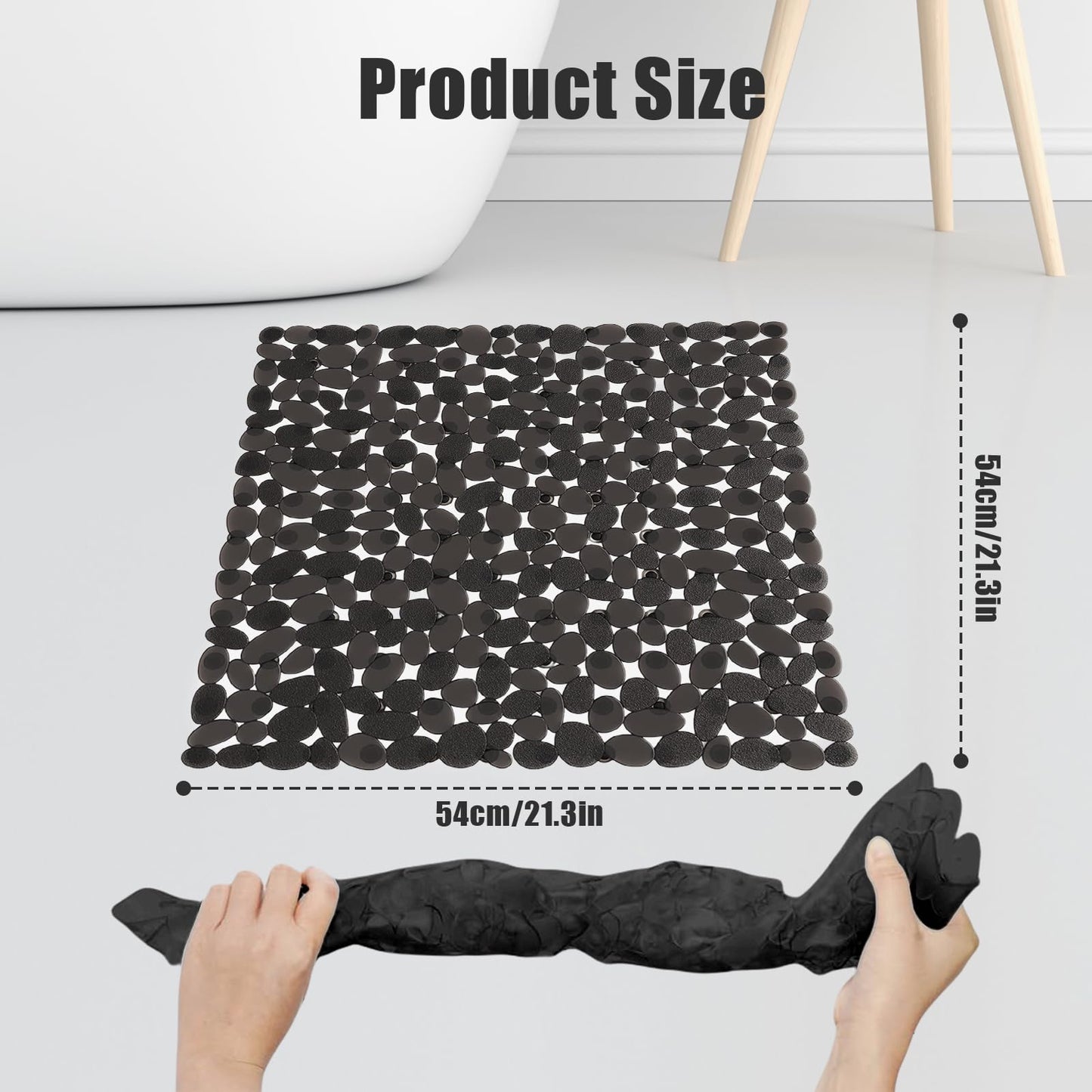 AMFUN 54x54CM Anti Slip Square Shower Mats,Clear Pebbles Shower Bath Mat, Machine Washable Bath Mat with Strong Suction Cups Grip and Drain Holes for