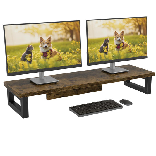 OYRREU 91x26cm Dual Monitor Stand for Desks Shelf, Monitor Stand Riser Laptop PC Computer Screen Desktop Organiser for Working Gaming, Wooden
