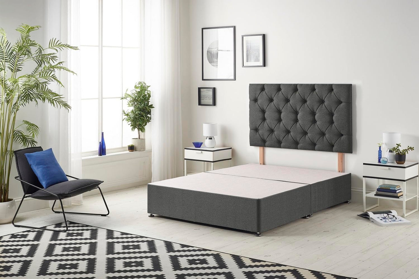 Bed Centre Charcoal Premier Divan Bed Base With Headboard And Storage Drawer- 3FT Single, 4FT Small Double, 4ft6 Double, 5FT King