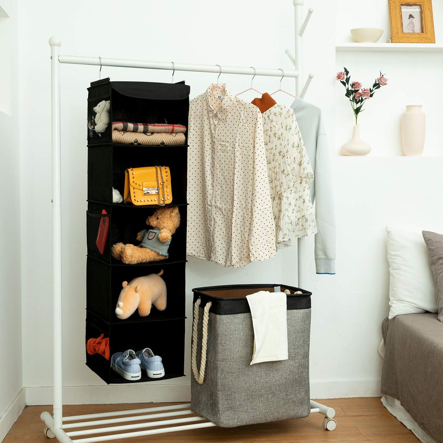 BrilliantJo Hanging Wardrobe Storage with 5 Shelves Heavy Duty Organiser Storage Unit with 6 Pockets Pockets for Sweaters, Shoes, Accessories